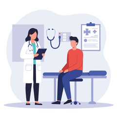 A flat 2D vector illustration shows a female doctor with a clipboard consulting a male patient on an examination table, featuring a stethoscope and medical chart in a medical office.