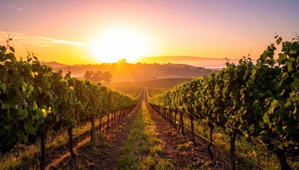 Fototapeta premium Vineyard Landscape at Sunset with Rows of Grape Vines and Golden Light Casting Rays Across the Rolling Hills in California