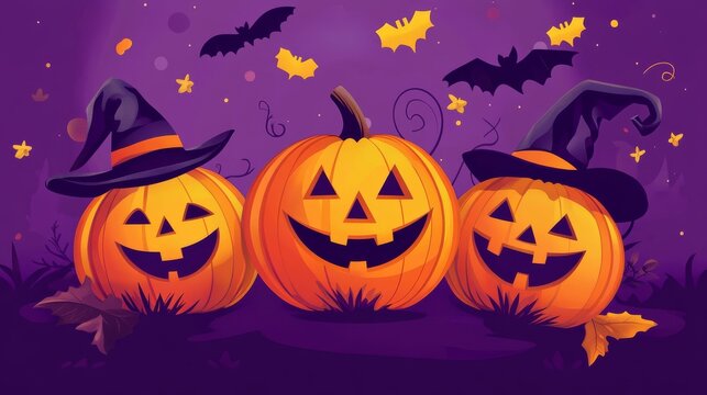 Whimsical vector illustration of smiling pumpkins dressed in halloween costumes, playful character design with vibrant orange against purple background with festive typography