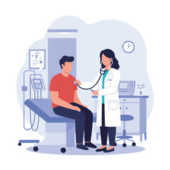 Female doctor in a white coat using a stethoscope to examine a male patient sitting on an examination bed, presented as a clean flat 2D vector illustration.