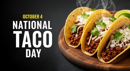 Celebrate national taco day with delicious tacos on a wooden plate