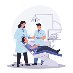 A 2D flat vector illustration shows a professional dentist and assistant meticulously examining a patient's teeth in a bright dental chair, emphasizing professional oral care and hygiene.