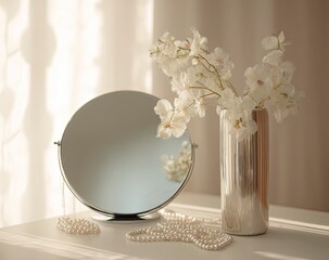 White blossoms in silver vase, pearls, mirror