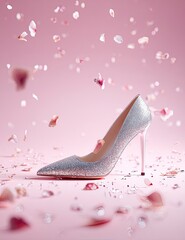 Silver glitter high heel shoe pink petals