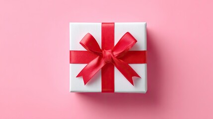 White gift box with red ribbon bow