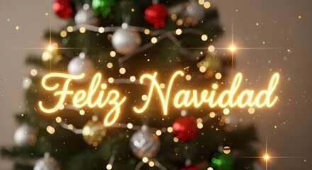 Feliz Navidad text on Christmas tree with lights and decorations