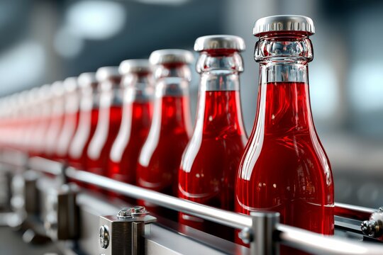 Row of red beverage bottles on factory conveyor belt