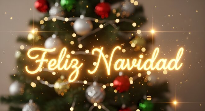 Feliz Navidad text on Christmas tree with lights and decorations