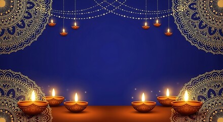 Celebrate Diwali with this elegant golden mandala and diya lamps on a rich, deep blue background