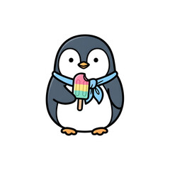 Obraz premium cute penguin doodle sticker enjoying a colorful ice cream popsicle, ideal for cool summer and animal design