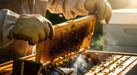 Beekeeper inspecting honeycomb frame with bees and smoke in a hive under sunlight outdoors close up view