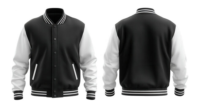 Black and white varsity jacket front and back view isolated on transparent background