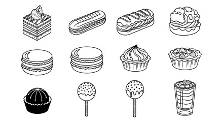 Isometric Line Art Icon Set of Whisked Pastries and Bakery Desserts