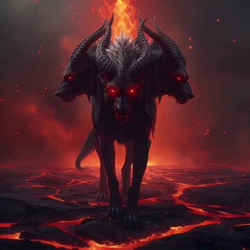 Epic Fantasy Video of Cerberus Three-Headed Hound with Glowing Eyes Standing on Lava Ground During Volcanic Eruption