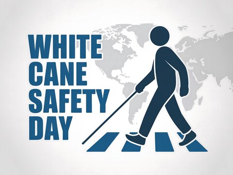 White cane safety day banner with person walking with cane and world map