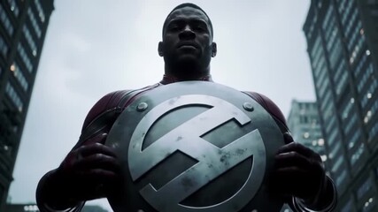 african american superhero shield stands tall city