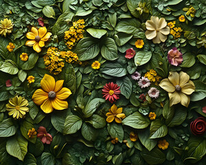 Vibrant Floral Illustration: Lush Green Leaves and Yellow Flowers
