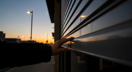 Hand opening a metal shutter at dusk with streetlights and buildings visible in the background scene outside