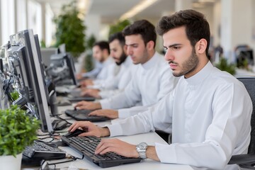 Young middle eastern male professionals working on computers in modern office