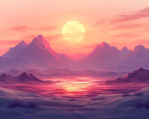 Pink Sunset Mountain Landscape Illustration