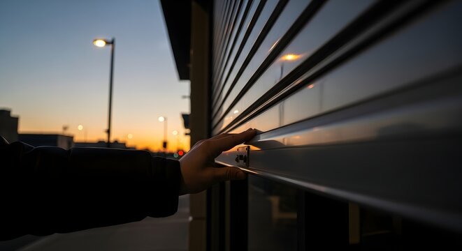 Hand opening a metal shutter at dusk with streetlights and buildings visible in the background scene outside