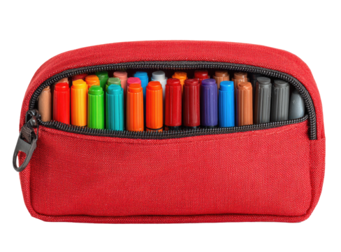 Red zippered pouch filled with colorful markers