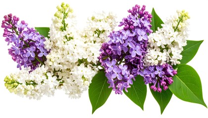 Obraz premium A decorative arrangement of lilac flowers. A display of white and purple blooms with lush green leaves