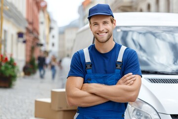 Smiling caucasian young male delivery worker in blue uniform with van and boxes
