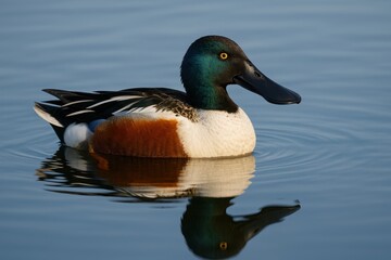 Obraz premium Northern Shoveler Duck: A close-up captures a single Northern Shoveler duck, with its distinctive long, broad bill, gliding serenely across tranquil water, mirroring its beauty.