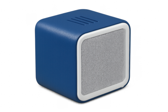 Blue portable speaker playing music on transparent background