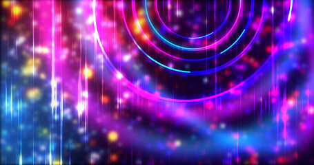Technology circles moving with speed line in backdrop, NEON Retro Style BG. Radial futuristic development concept global network link concept. Ultraviolet stripes moving vibrant rings in space.