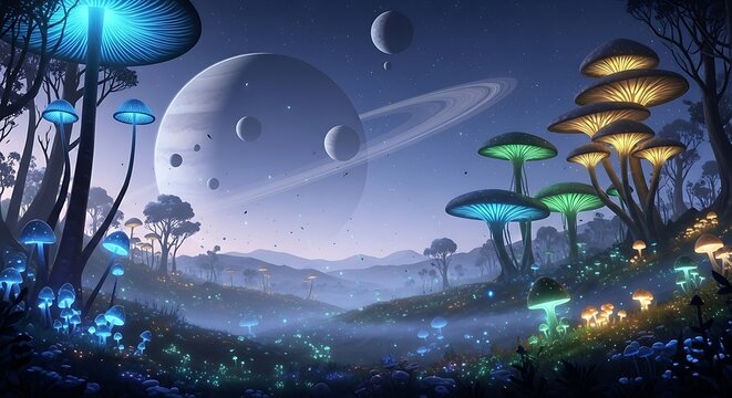 Fantasy Glow Mushroom Planet Landscape.