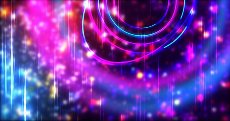 Technology circles moving with speed line in backdrop, NEON Retro Style BG. Radial futuristic development concept global network link concept. Ultraviolet stripes moving vibrant rings in space.