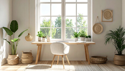 Bright and airy home office with a wooden desk, white chair, and numerous potted plants by a large window, creating a serene and natural workspace.