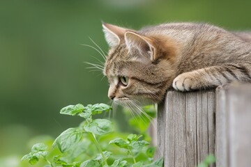 A curious cat peeks over a wooden fence, focused intently on a patch of green plants below.