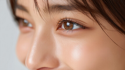 Naklejka premium 涙袋が印象的な美しい日本人女性の目元アップ Close-up of a Beautiful Japanese Woman's Eyes with Prominent Tear Bags