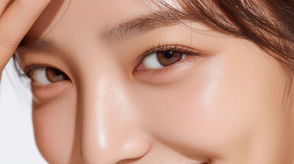 涙袋が印象的な美しい日本人女性の目元アップ　Close-up of a Beautiful Japanese Woman's Eyes with Prominent Tear Bags