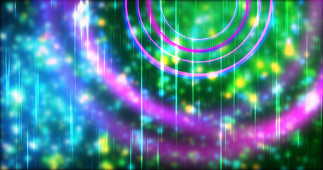 Technology circles moving with speed line in backdrop, NEON Retro Style BG. Radial futuristic development concept global network link concept. Ultraviolet stripes moving vibrant rings in space.