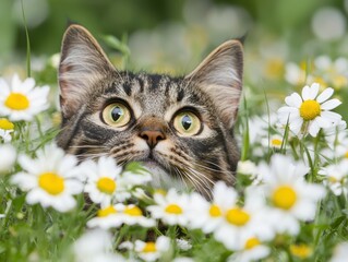 A curious cat peeks through a field of daisies, showcasing its vibrant eyes and playful demeanor in a serene, floral setting.