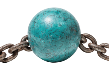 Turquoise sphere held by rusty chains
