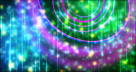 Technology circles moving with speed line in backdrop, NEON Retro Style BG. Radial futuristic development concept global network link concept. Ultraviolet stripes moving vibrant rings in space.