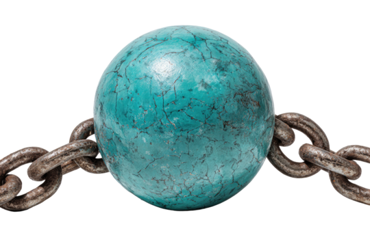 Turquoise sphere held by rusty chains