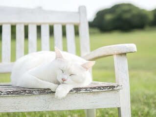 A serene white cat sleeps peacefully on a weathered wooden bench in a lush green field, basking in the tranquility of nature.