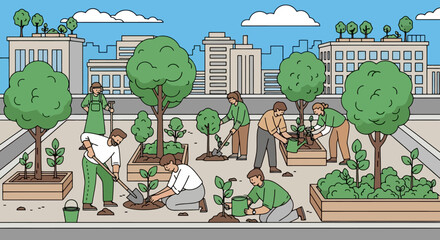 Urban Community Garden Project Illustrating Sustainable Living and Green Initiatives for Environmental Awareness and Promoting Biodiversity