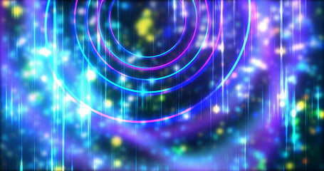 Technology circles moving with speed line in backdrop, NEON Retro Style BG. Radial futuristic development concept global network link concept. Ultraviolet stripes moving vibrant rings in space.