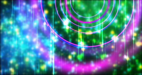 Technology circles moving with speed line in backdrop, NEON Retro Style BG. Radial futuristic development concept global network link concept. Ultraviolet stripes moving vibrant rings in space.