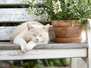 A relaxed cream-colored cat naps on a weathered bench beside a potted plant, embodying a tranquil outdoor scene.