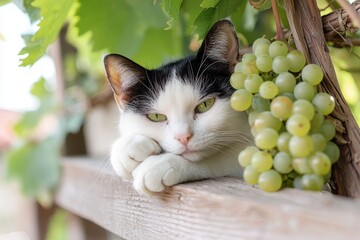 A serene cat resting on a wooden surface, surrounded by green leaves and clusters of grapes, exuding a calm and leisurely vibe.