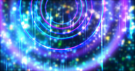 Technology circles moving with speed line in backdrop, NEON Retro Style BG. Radial futuristic development concept global network link concept. Ultraviolet stripes moving vibrant rings in space.