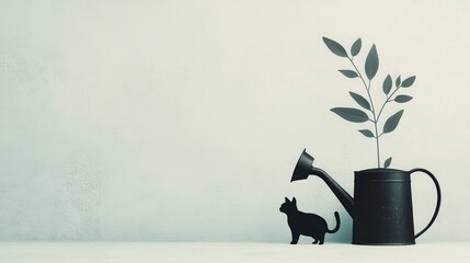 A minimalist scene featuring a black watering can with leaves and a silhouette of a cat, creating a serene and artistic atmosphere.
